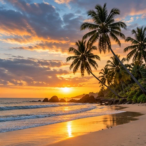 Palm-lined Sri Lankan coast at sunset