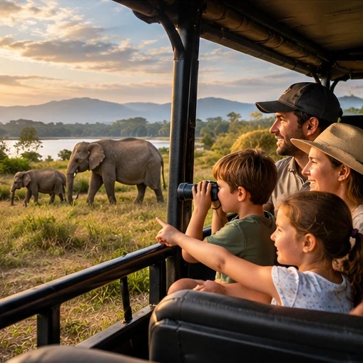 Illustrative family watching elephants on safari