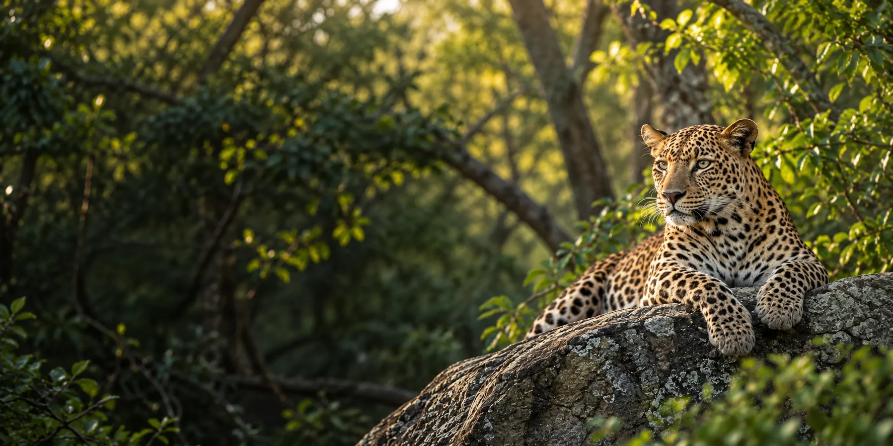 Sri Lankan leopard resting on a forest rock