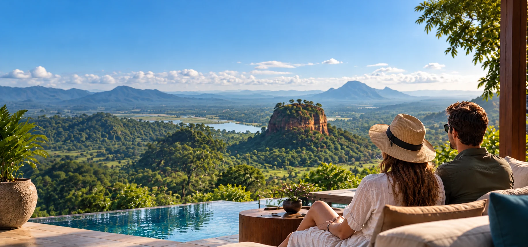 Travellers enjoying a terrace overlooking Sigiriya and the Sri Lankan landscape
