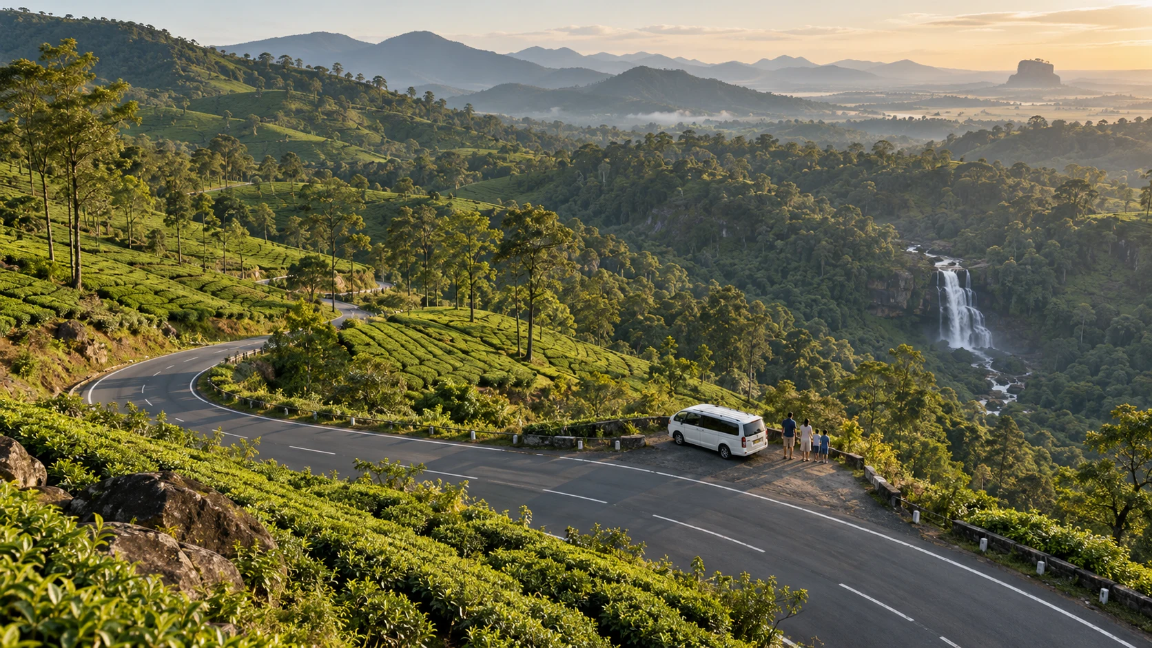 Illustrative drone view of a family road trip among Sri Lankan tea estates, a waterfall and a distant Sigiriya-inspired rock