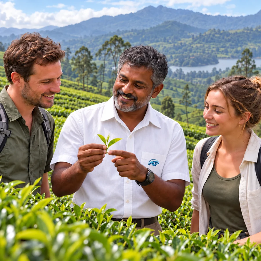 Illustrative older Sri Lankan guide in a white shirt with the company logo on its chest pocket showing tea leaves to travellers